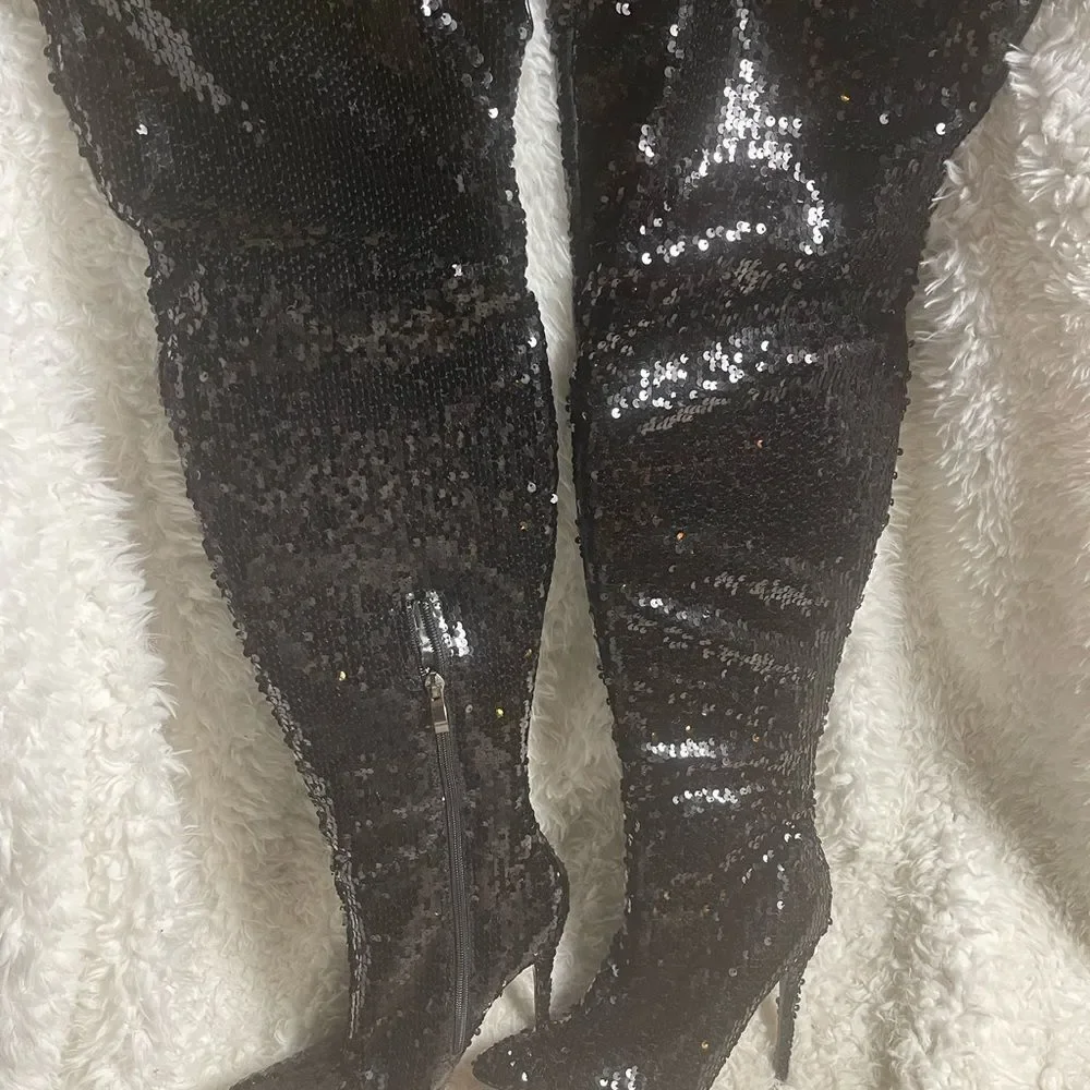 Yoki thigh high Black Sequins heels Boots side zipper SZ8
